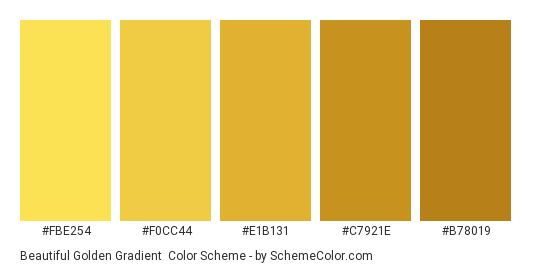 Beautiful Golden Gradient - Color scheme palette thumbnail - #FBE254 #F0CC44 #E1B131 #C7921E #B78019 