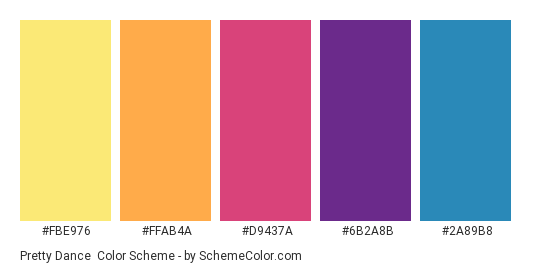 Pretty Dance - Color scheme palette thumbnail - #FBE976 #FFAB4A #D9437A #6B2A8B #2A89B8 