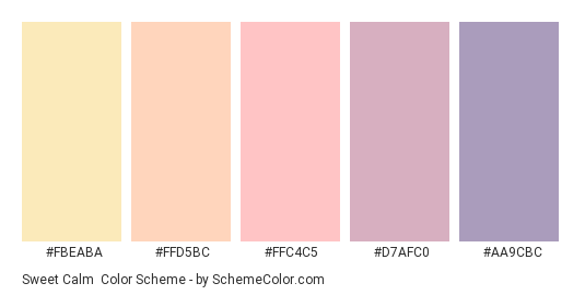 Sweet Calm - Color scheme palette thumbnail - #FBEABA #FFD5BC #FFC4C5 #D7AFC0 #AA9CBC 