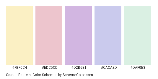 Casual Pastels - Color scheme palette thumbnail - #FBF0C4 #EDC5CD #D2B6E1 #CACAED #DAF0E3 