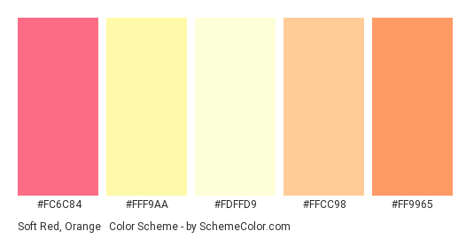 Soft Red, Orange & Yellow - Color scheme palette thumbnail - #FC6C84 #FFF9AA #FDFFD9 #FFCC98 #FF9965 