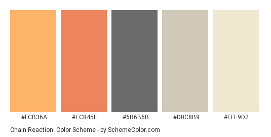 Chain Reaction - Color scheme palette thumbnail - #FCB36A #EC845E #6B6B6B #D0C8B9 #EFE9D2 