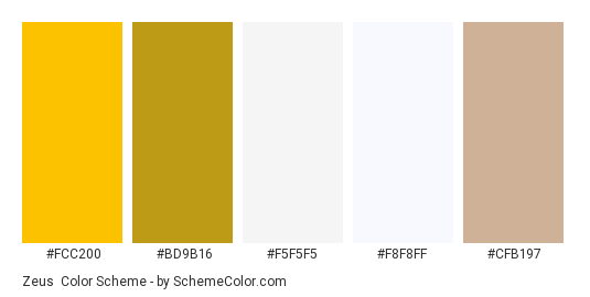 Zeus - Color scheme palette thumbnail - #FCC200 #BD9B16 #F5F5F5 #F8F8FF #CFB197 