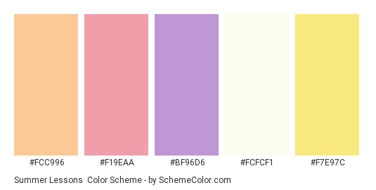 Summer Lessons - Color scheme palette thumbnail - #FCC996 #F19EAA #BF96D6 #FCFCF1 #F7E97C 