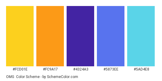 OMG - Color scheme palette thumbnail - #FCD01E #FC9A17 #4324A3 #5873EE #5AD4E8 