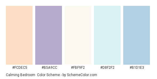 Calming Bedroom - Color scheme palette thumbnail - #FCDEC5 #B5A9CC #FBF9F2 #D8F2F2 #B1D1E3 