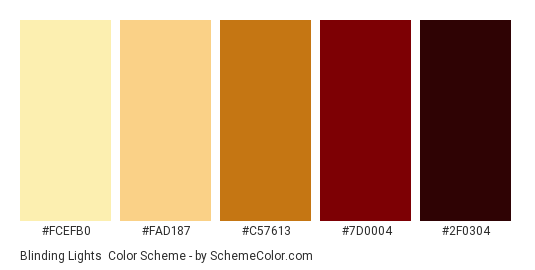 Blinding Lights - Color scheme palette thumbnail - #FCEFB0 #FAD187 #C57613 #7D0004 #2F0304 