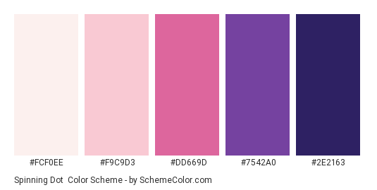 Spinning Dot - Color scheme palette thumbnail - #FCF0EE #F9C9D3 #DD669D #7542A0 #2E2163 
