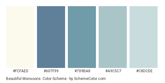 Beautiful Monsoons - Color scheme palette thumbnail - #FCFAED #607F99 #709BA8 #A9C5C7 #C8DCDE 