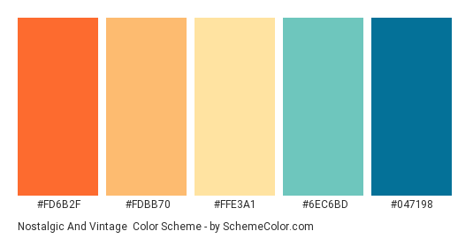 Nostalgic and Vintage - Color scheme palette thumbnail - #FD6B2F #FDBB70 #FFE3A1 #6EC6BD #047198 