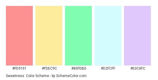Sweetness - Color scheme palette thumbnail - #FD9191 #FDEC9C #80FDB0 #D2FCFF #E0C8FC 
