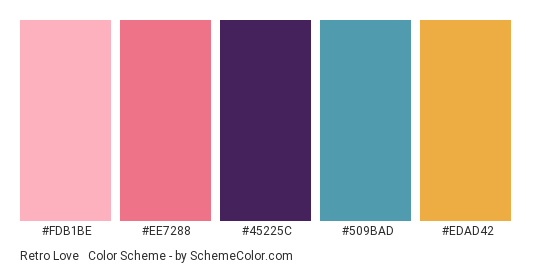 Retro Love #2 - Color scheme palette thumbnail - #FDB1BE #EE7288 #45225C #509BAD #EDAD42 