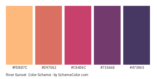 River Sunset - Color scheme palette thumbnail - #FDB87C #D97062 #C8406C #733A6E #473863 