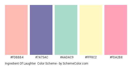 Ingredient of Laughter - Color scheme palette thumbnail - #FDBBB4 #7A75AC #AADAC9 #FFF8C2 #FDA2B8 