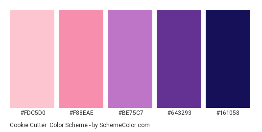 Cookie Cutter - Color scheme palette thumbnail - #FDC5D0 #F88EAE #BE75C7 #643293 #161058 