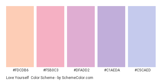 Love Yourself - Color scheme palette thumbnail - #FDCDB6 #F5B0C3 #DFADD2 #C1AEDA #C5CAED 
