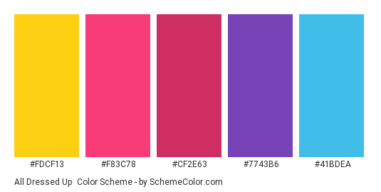 All Dressed Up - Color scheme palette thumbnail - #FDCF13 #F83C78 #CF2E63 #7743B6 #41BDEA 