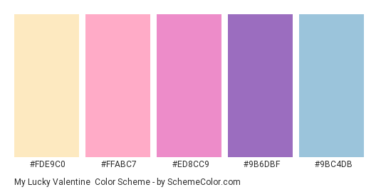 My Lucky Valentine - Color scheme palette thumbnail - #FDE9C0 #FFABC7 #ED8CC9 #9B6DBF #9BC4DB 