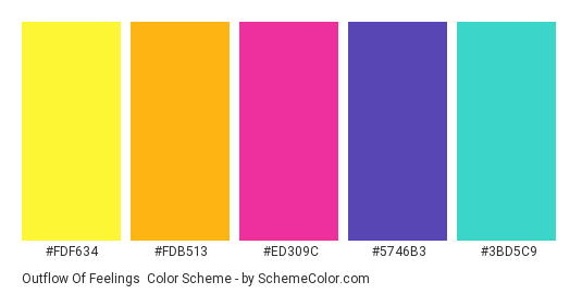 Outflow of Feelings - Color scheme palette thumbnail - #FDF634 #FDB513 #ED309C #5746B3 #3BD5C9 