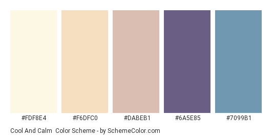 Cool and Calm - Color scheme palette thumbnail - #FDF8E4 #F6DFC0 #DABEB1 #6A5E85 #7099B1 