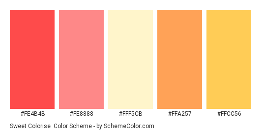 Sweet Colorise - Color scheme palette thumbnail - #FE4B4B #FE8888 #FFF5CB #FFA257 #FFCC56 