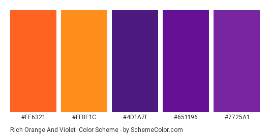 Rich Orange and Violet - Color scheme palette thumbnail - #FE6321 #FF8E1C #4D1A7F #651196 #7725A1 