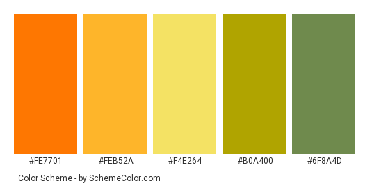 Fresh Tomatoes - Color scheme palette thumbnail - #FE7701 #FEB52A #F4E264 #B0A400 #6F8A4D 