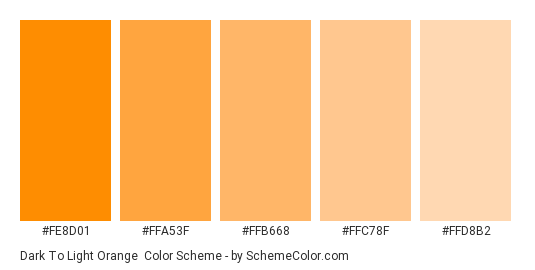 Dark to Light Orange - Color scheme palette thumbnail - #FE8D01 #FFA53F #FFB668 #FFC78F #FFD8B2 