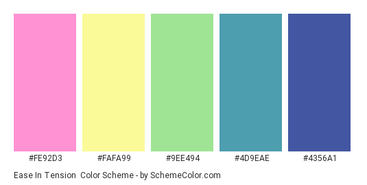 Ease in Tension - Color scheme palette thumbnail - #FE92D3 #FAFA99 #9EE494 #4D9EAE #4356A1 