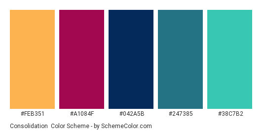 Consolidation - Color scheme palette thumbnail - #FEB351 #A1084F #042A5B #247385 #38C7B2 