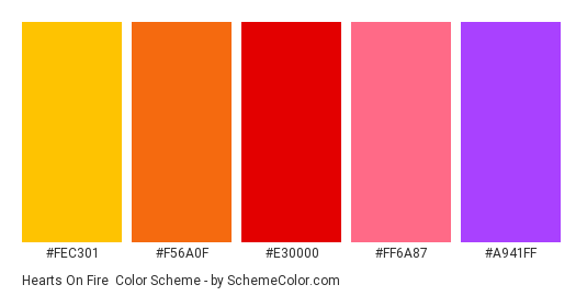 Hearts on Fire - Color scheme palette thumbnail - #FEC301 #F56A0F #E30000 #FF6A87 #A941FF 