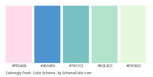 Calmingly Fresh - Color scheme palette thumbnail - #FEDAEB #4D94D0 #78C1C2 #B2E4CC #E5FADC 