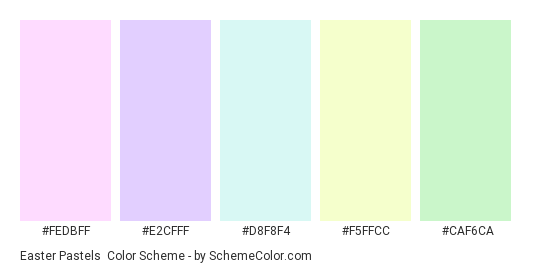 Easter Pastels - Color scheme palette thumbnail - #FEDBFF #E2CFFF #D8F8F4 #F5FFCC #CAF6CA 