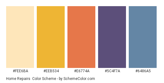 Home Repairs - Color scheme palette thumbnail - #FEE6BA #EEB534 #E6774A #5C4F7A #6486a5 