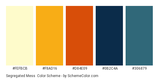 Segregated Mess - Color scheme palette thumbnail - #FEFBCB #F8AD16 #D84E09 #0B2C4A #306879 
