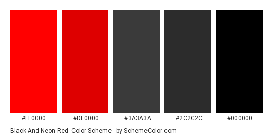 Black and Neon Red - Color scheme palette thumbnail - #FF0000 #DE0000 #3a3a3a #2c2c2c #000000 