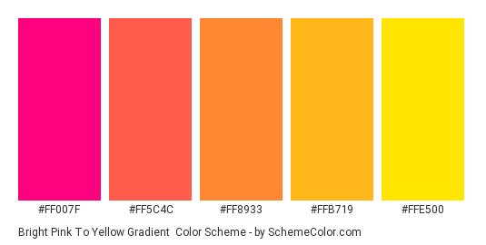 Bright Pink to Yellow Gradient - Color scheme palette thumbnail - #FF007F #FF5C4C #FF8933 #FFB719 #FFE500 