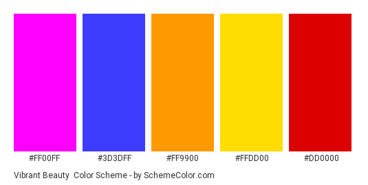 Vibrant Beauty - Color scheme palette thumbnail - #FF00FF #3D3DFF #FF9900 #FFDD00 #DD0000 