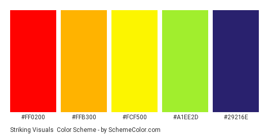 Striking Visuals - Color scheme palette thumbnail - #FF0200 #FFB300 #FCF500 #A1EE2D #29216E 