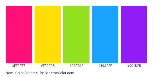 New & Happy - Color scheme palette thumbnail - #FF0F77 #FFDE05 #93E01F #19A3FE #901DF5 