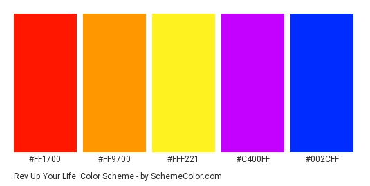 Rev up your Life - Color scheme palette thumbnail - #FF1700 #FF9700 #FFF221 #C400FF #002CFF 