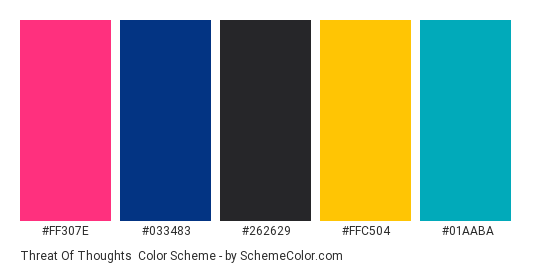 Threat of Thoughts - Color scheme palette thumbnail - #FF307E #033483 #262629 #FFC504 #01AABA 