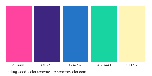 Feeling Good - Color scheme palette thumbnail - #FF449F #3D2580 #2475C7 #17D4A1 #FFF5B7 