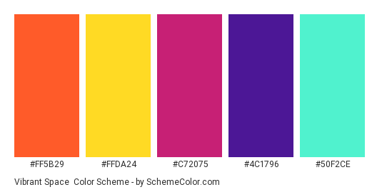 Vibrant Space - Color scheme palette thumbnail - #FF5B29 #FFDA24 #C72075 #4C1796 #50F2CE 