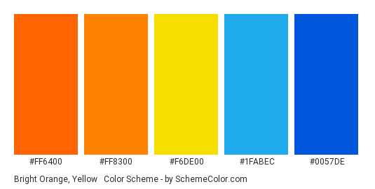 Bright Orange, Yellow & Blue - Color scheme palette thumbnail - #FF6400 #FF8300 #F6DE00 #1FABEC #0057DE 