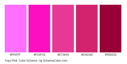 Yoyo pink - Color scheme palette thumbnail - #FF6FFF #FC0FC0 #E73895 #D4236E #980036 