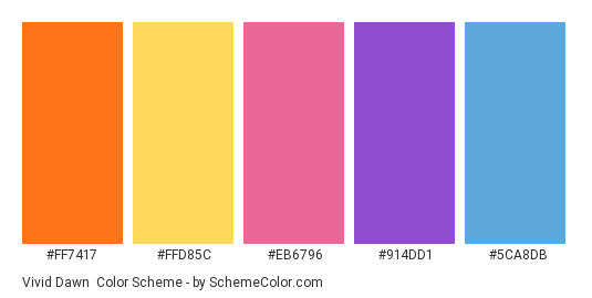Vivid Dawn - Color scheme palette thumbnail - #FF7417 #FFD85C #EB6796 #914DD1 #5CA8DB 
