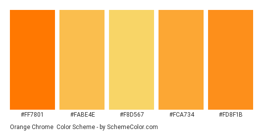 Orange Chrome - Color scheme palette thumbnail - #FF7801 #FABE4E #F8D567 #FCA734 #FD8F1B 