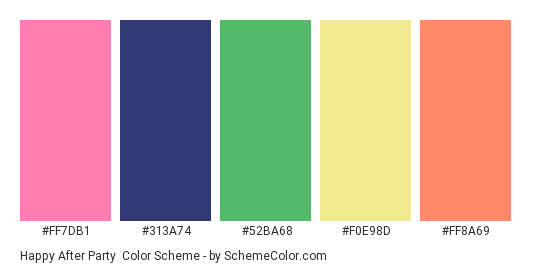 Happy After Party - Color scheme palette thumbnail - #FF7DB1 #313A74 #52BA68 #F0E98D #FF8A69 