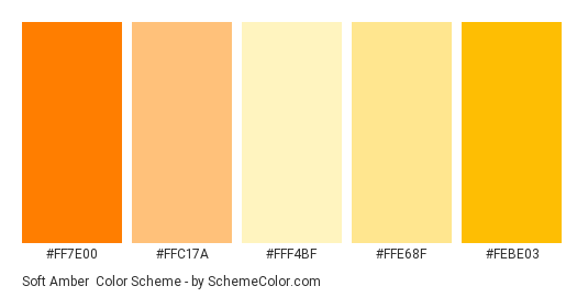 Soft Amber - Color scheme palette thumbnail - #FF7E00 #ffc17a #fff4bf #ffe68f #febe03 